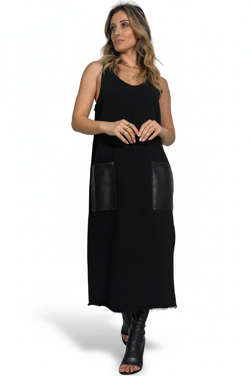 Vestido de mujer coral con bolsillos de piel sintética
