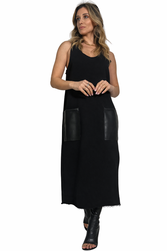 Vestido de mujer coral con bolsillos de piel sintética
