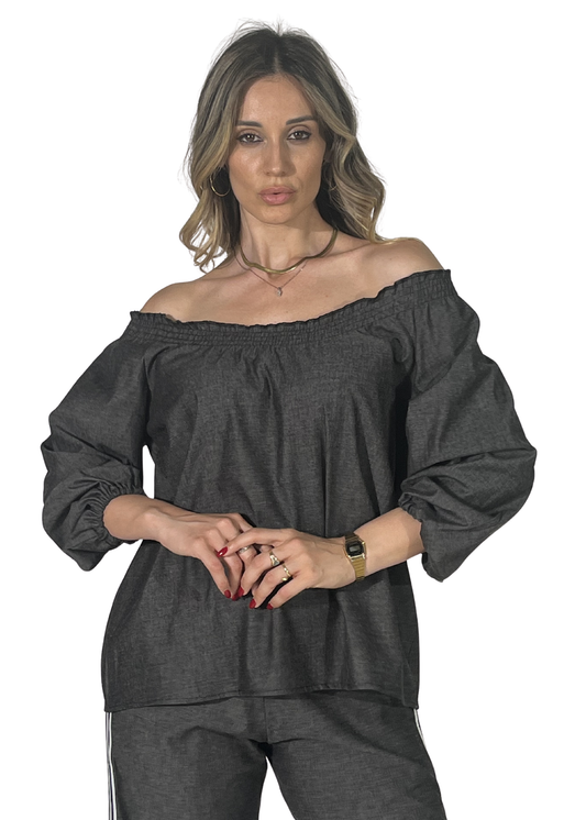 Blusa Emilana in Denim Leggero Nero